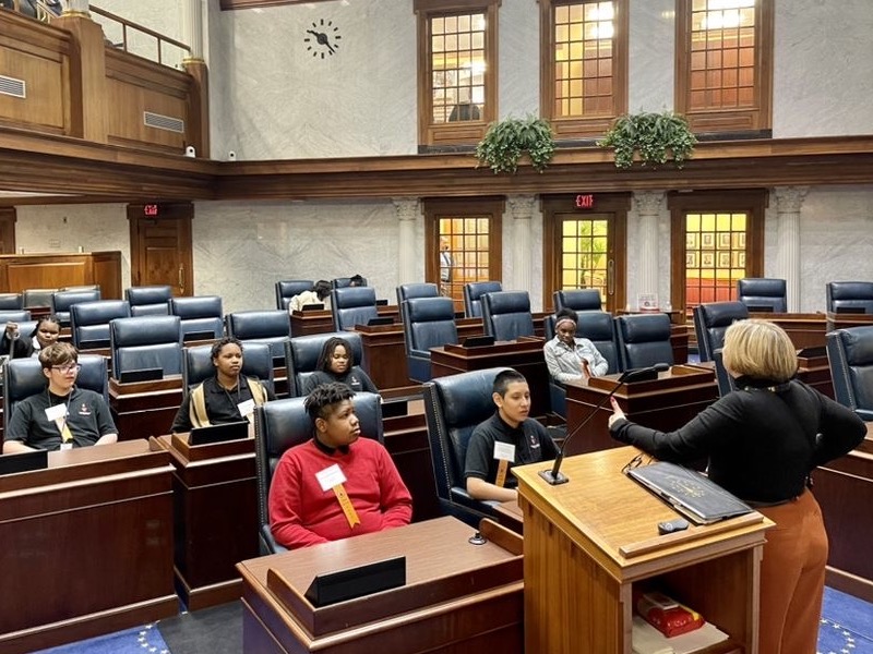 Vanguard students sitting in the chamber of Indiana State Capital 
